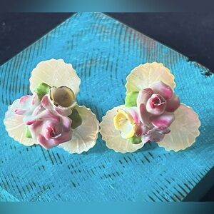 Vintage Japan Silver Celluloid Bone China Rose Bouquet Flowers Earrings 1”